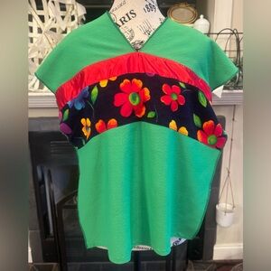 Vintage Green Huipil Handmade Floral Poncho Red Ribbon Boho Folk Open Side Top